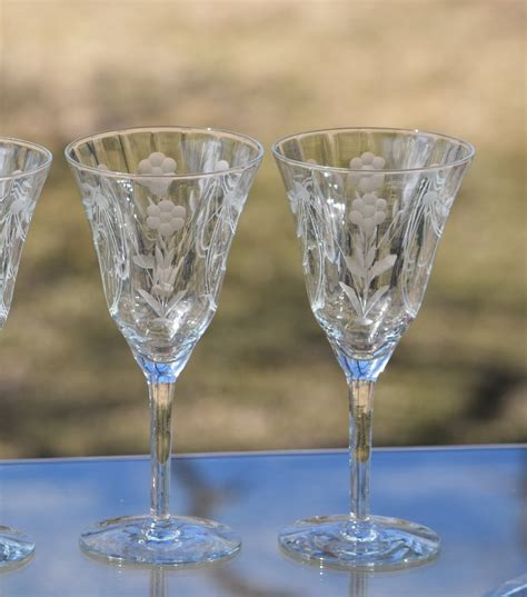 Vintage Etched Tall Wine Glasses Floral Etched Optic Glass Set Of 4 Wedding Toasting Glasses