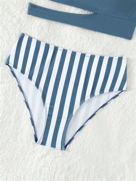 Ensemble de bikini asymétrique à col découpé rayé pour préadolescentes