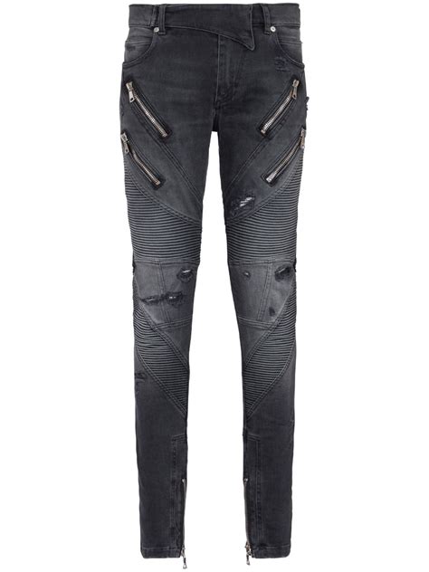 Balmain Panelled Distressed Skinny Jeans Grey Farfetch