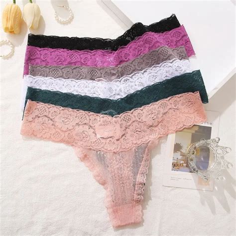 Solid Color Lace Thong Thin Panties Low Waist Traceless Briefs Floral Female Lingerie Sexy