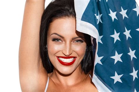 Brunette Woman With Usa Flag Stock Image Image Of Lips National