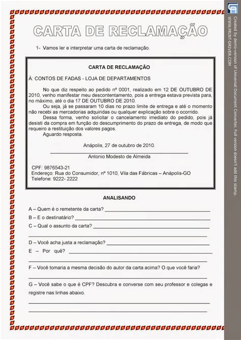 Carta de reclamação Ideias Atividades Escolares Atividades carta