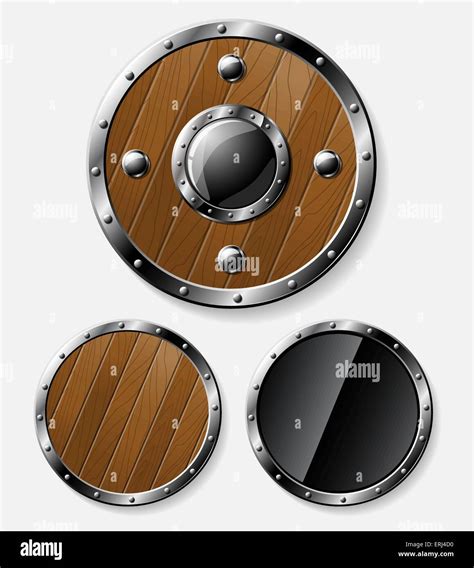 Set Of Round Shields From Steel And Wood Isolated On Grey Background