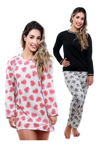 2 Pijamas Feminino Adulto 1 Blusa E Calça 1 Camisola Sex Frete Grátis