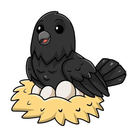 Premium Vector Cute Crow Bird Cartoon With Eggs In The Nest