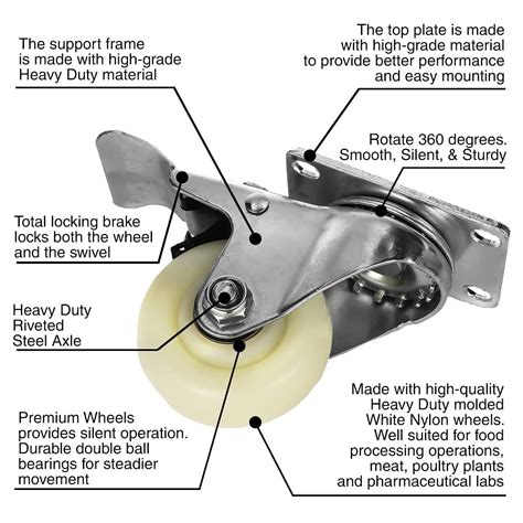 4 Pack 3 Inch White Nylon Swivel Caster Brake With Hardware Factor Duty