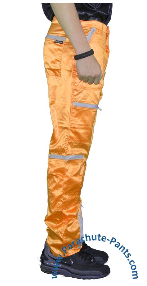 Countdown Orange Shiny Nylon Parachute Pants With Grey Zippers The