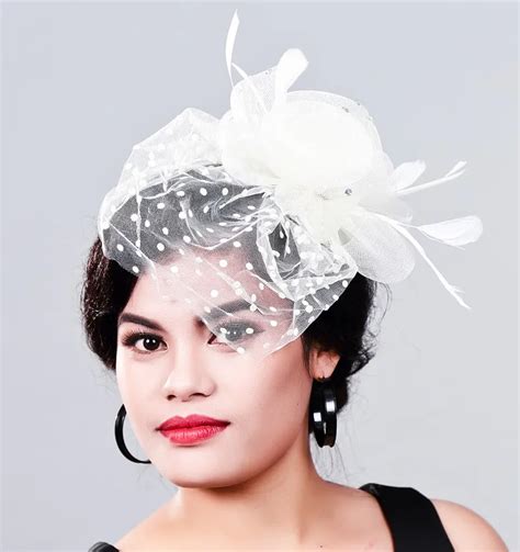 Women Fancy Feather Fascinator Hats Black Birdcage Veil Wedding Hats And Fascinators White Net