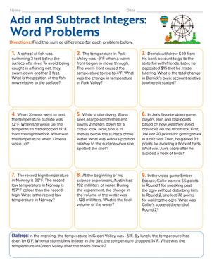 Add And Subtract Integers Word Problems Worksheet Education