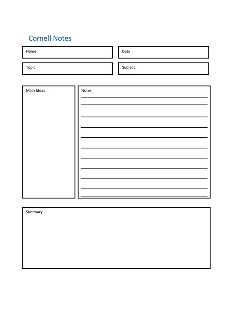 Cornell Method Of Note Taking Template