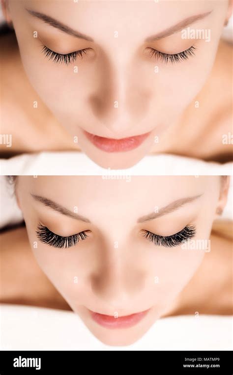 Eyelash Extension Comparison Of Female Eyes Before And After Stock