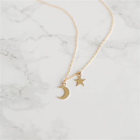 Moon And Star Necklace 14k Solid Gold Moon And Star Choker Etsy