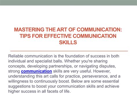 Mastering The Art Of Communication Tips For Effective Communication Skills Pptx