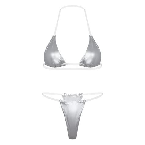 Billionm Women S Mini Bikini Set Sexy Swimsuit Wet Look Patent Leather Two Piece Bikini Swimsuit