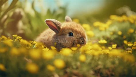 Fluffy Baby Rabbit Sitting In Green Meadow Generated By AI Stock Image