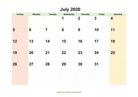 July Calendar Printable With Coloring On Weekend Horizontal