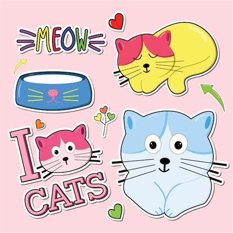 Conjunto De Etiquetas Engomadas Lindas Del Gato Vector Premium