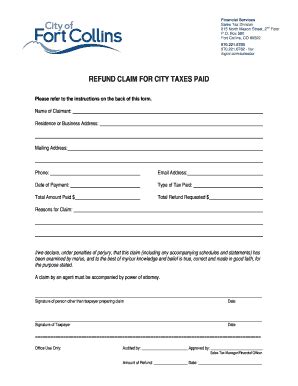 Fillable Online Refund Claim Form City Of Fort Collins Co Fax Email