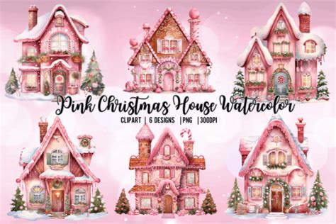 Pink Christmas House Watercolor Clipart Graphic By Babydell Art