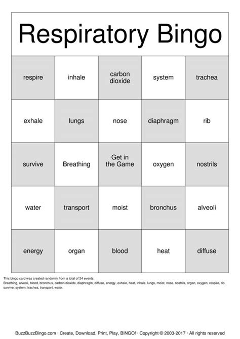 Respiratory System Bingo Cards To Download Print And Customize