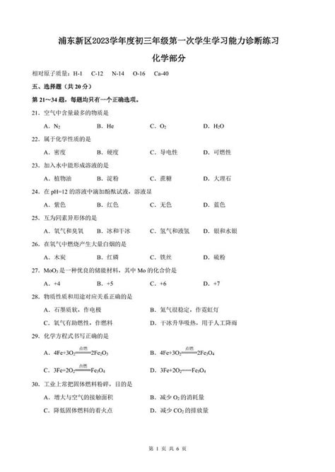 2024年上海市浦东新区中考化学一模试卷含答案 试卷下载 教习网