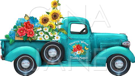 Teal Truck Frontier Woman Pioneer Summer Flowers Sublimation Etsy