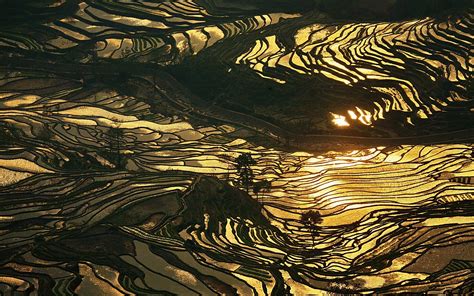 China Village Sunset Mountains Clouds Rice Paddy Nature