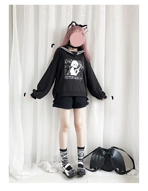 Harajuku Gothic Oversized Hoodie Women Sailor Collar Kawaii Anime