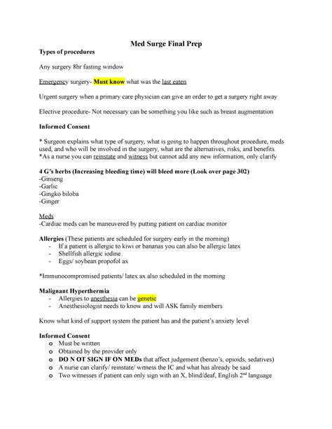 Lecture Notes Week 1 Med Surge Final Prep Types Of Procedures Any