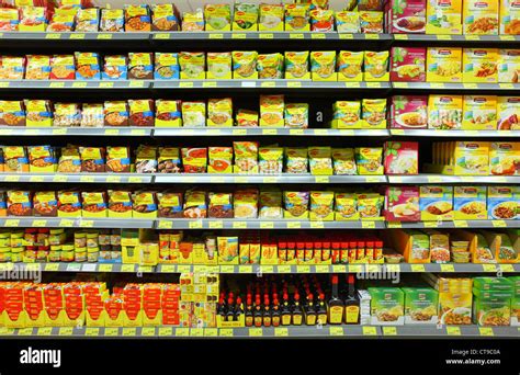 Self -service Supermarket, shelf, rack with different products, foods ...