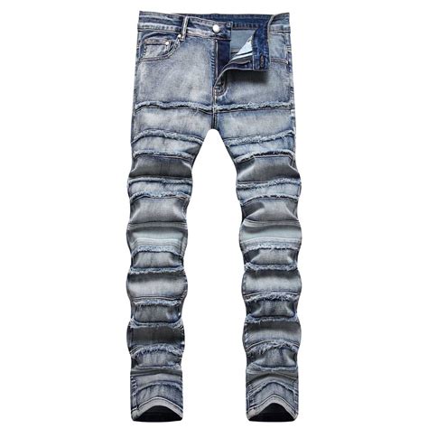 Lovskoo Mens Stacked Jeans Slim Fit Ripped Jeans Destroyed Straight Denim Pants Harajuku Hip Hop