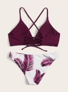 Shein Swim Vcay Leaf Print Bikini Set Lace Up Back Cami Bra Bikini