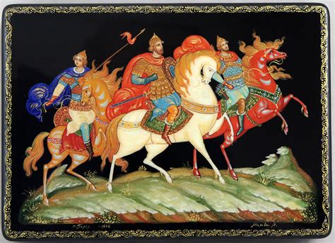 Шкатулка "Три богатыря" 18х13см арт. п2656 Палех