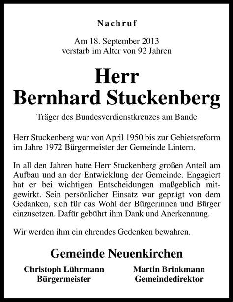 Traueranzeigen Von Bernhard Stuckenberg Noz Trauerportal