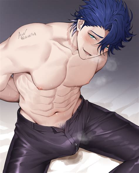 Rule 34 1boy Abs Arms Behind Back Asaifrit Blue Hair Blush Blushing Erect Nipples Erect Penis