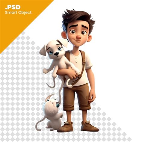 Renderização 3d de menino cão e gato isolado em modelo psd de fundo