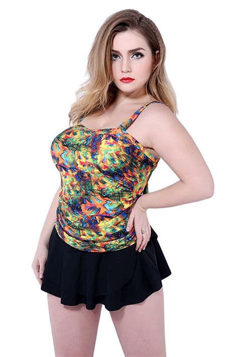 Eleoption Tm Women S Plus Size Colorful High Waisted Diving Suit Push Up Bikini Swimsuit