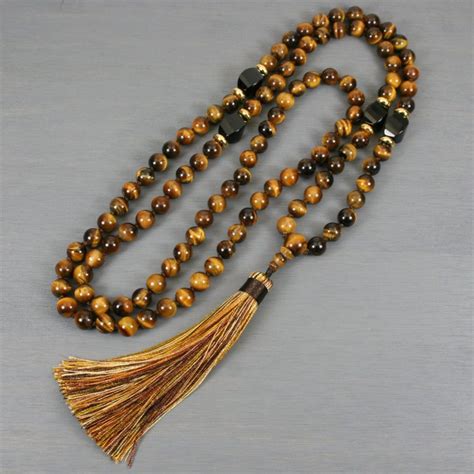 Tiger Eye And Black Onyx Hand Knotted Mala In The Zen Style With Tassel