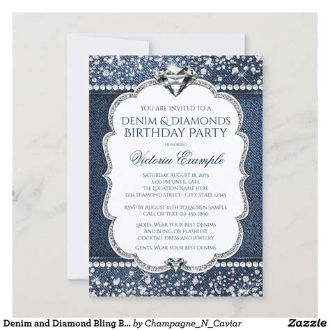 Denim And Diamond Bling Birthday Party Invitations 50th Birthday Party