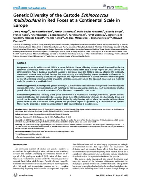 Pdf Genetic Diversity Of The Cestode Echinococcus Multilocularis In Red Foxes At A Continental