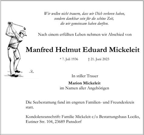 Traueranzeigen Von Manfred Helmut Eduard Mickeleit Trauer Anzeigen De