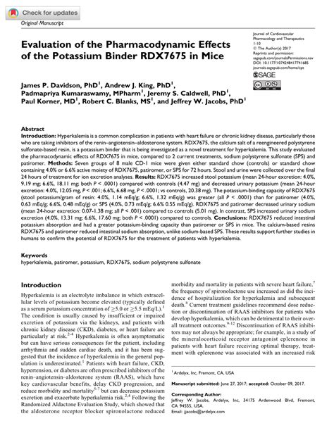 (PDF) Evaluation of the Pharmacodynamic Effects of the Potassium Binder ...