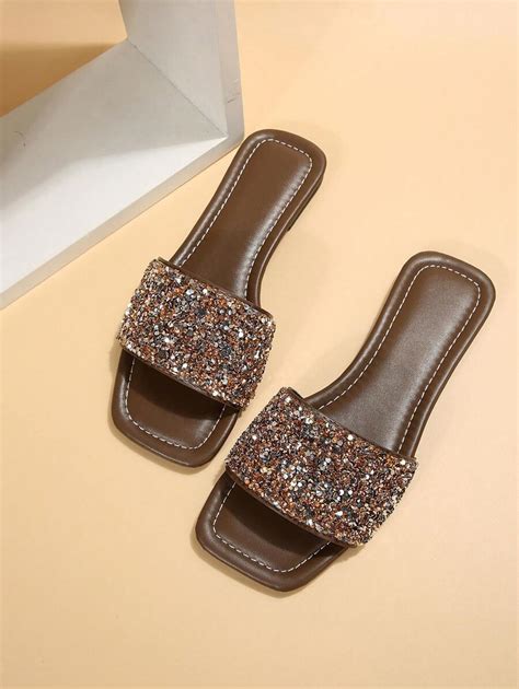 Women Rhinestone Decor Slide Sandals Glamorous Glass Flat Sandals Shein Usa