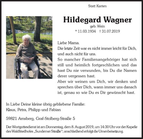 Traueranzeigen Von Hildegard Wagner Trauer In NRW De