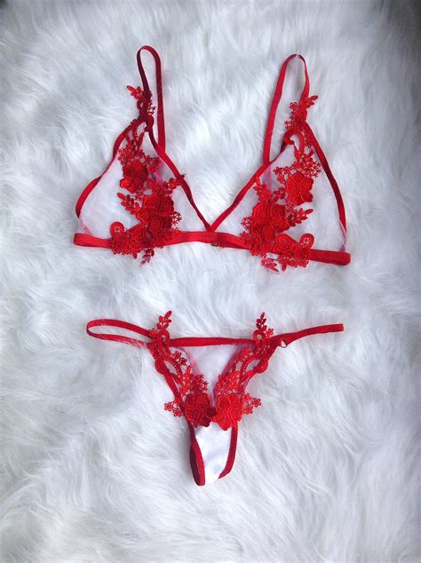 Red Lace Lingerie Set Sheer Lingerie Set See Through Lingerie Set