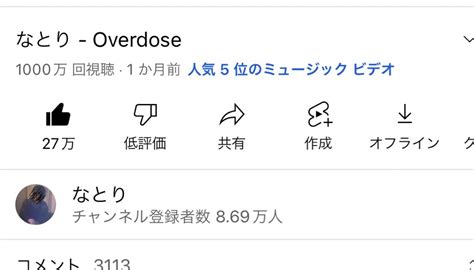 なとり On Twitter Overdose 1000万回再生突破いたしました！！！🎉🎉🎉🎉🎉🎉 ありがとうございます！！🙇‍♂️🙇