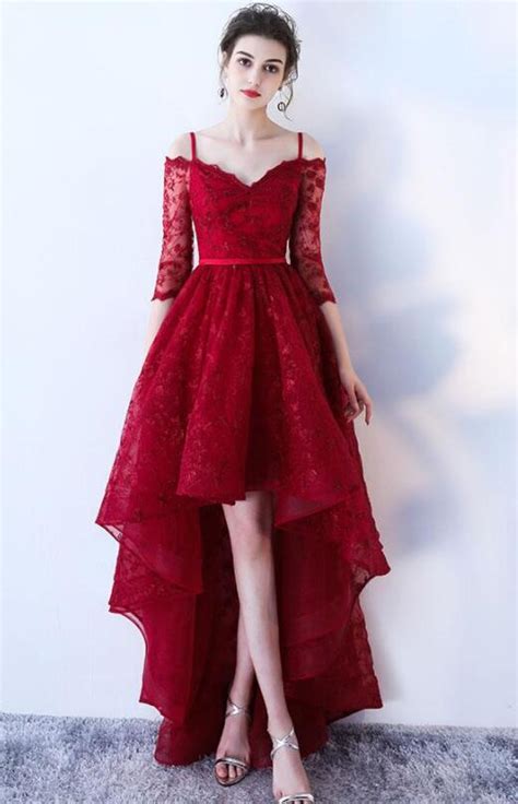 A Line High Low Burgundy Lace Short Prom Dress On Luulla