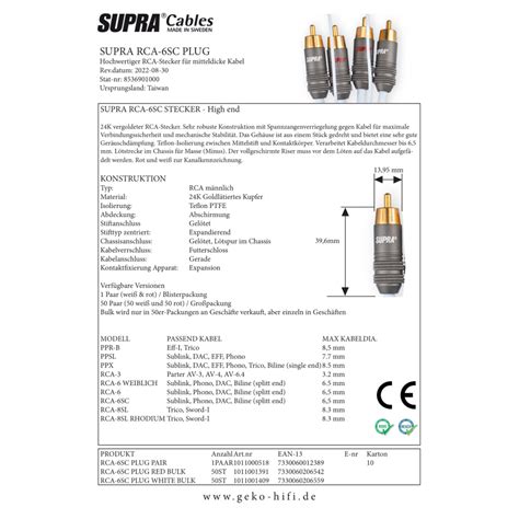 SUPRA RCA-6SC PLUG PAIR | electronic4you
