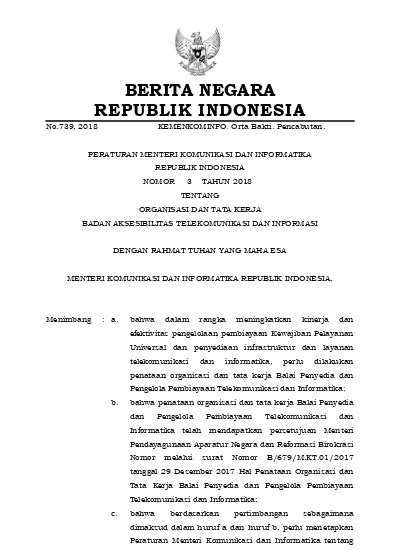 No 739 2018 BERITA NEGARA REPUBLIK INDONESIA KEMENKOMINFO Orta Bakti