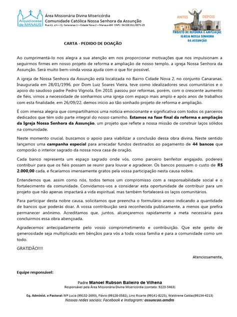 Texto Pronto Para Pedir Doação - Carta para Pedido de Doação para bancos da igreja N Sra da Assuncao ...